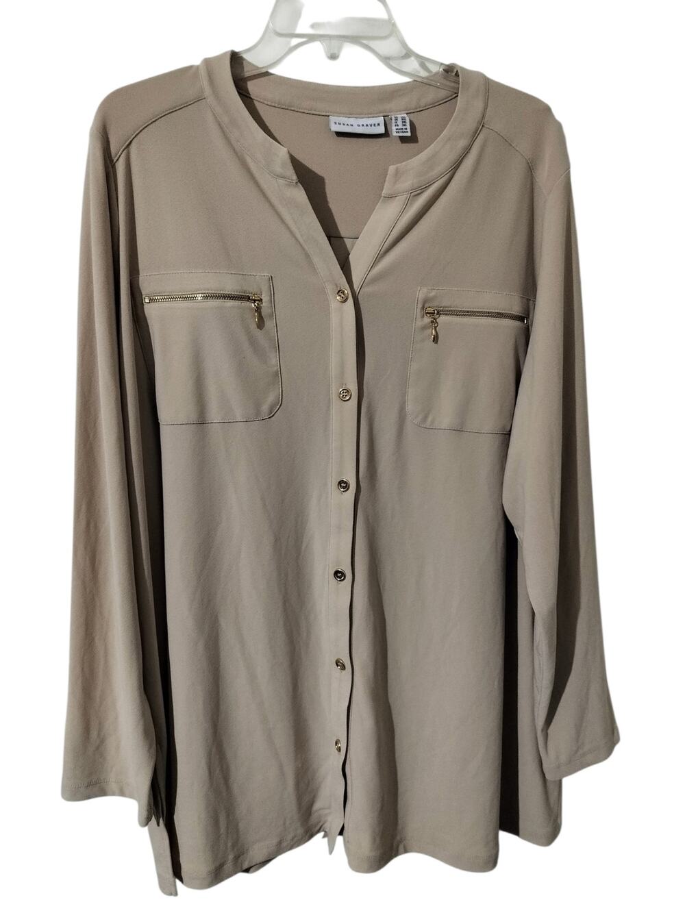 6090) Susan Graver Plus 2X Beige Gold Button Up Pocket Liquid Knit Tunic Top